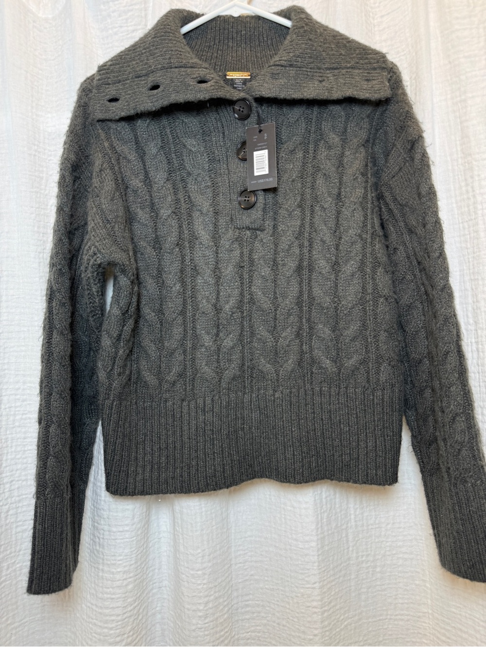 NWT Magaschoni Cable Knit Foldover Collar Button Sweater